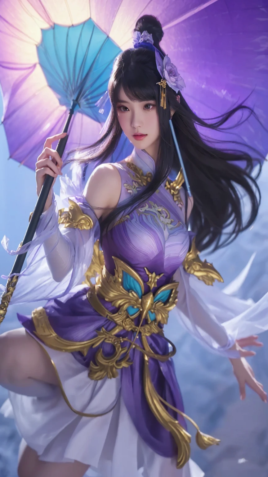 a woman in a purple dress holding a blue umbrella, extremely detailed artgerm, style of artgerm, artgerm detailed, artgerm lau, by Yang J, in style of artgerm, full body xianxia, portrait knights of zodiac girl, heise jinyao, ! dream artgerm, yun ling