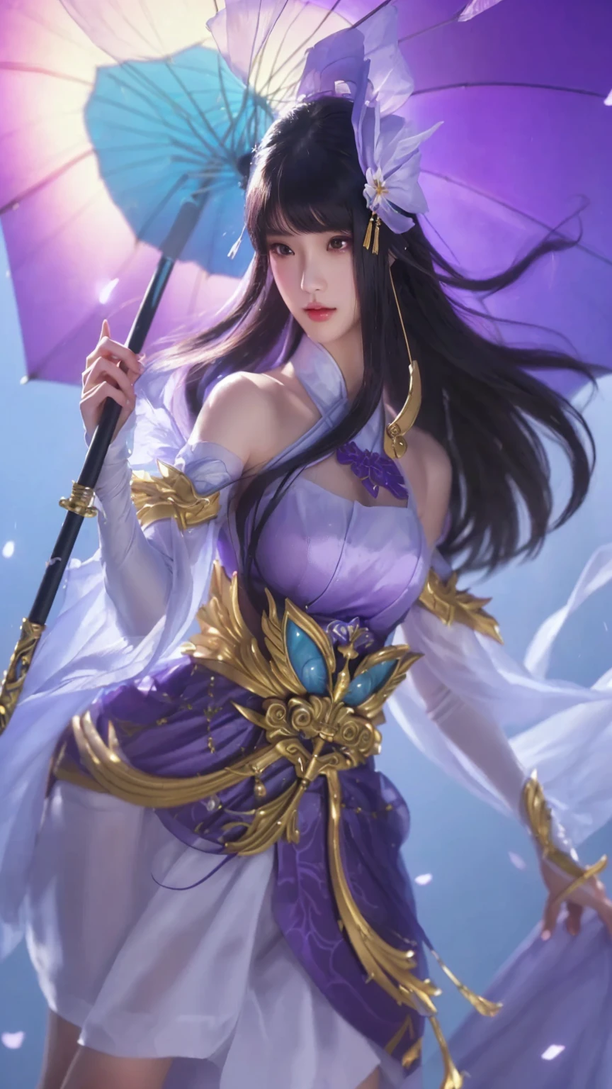 a woman in a purple dress holding a blue umbrella, extremely detailed artgerm, style of artgerm, artgerm detailed, artgerm lau, by Yang J, in style of artgerm, full body xianxia, portrait knights of zodiac girl, heise jinyao, ! dream artgerm, yun ling