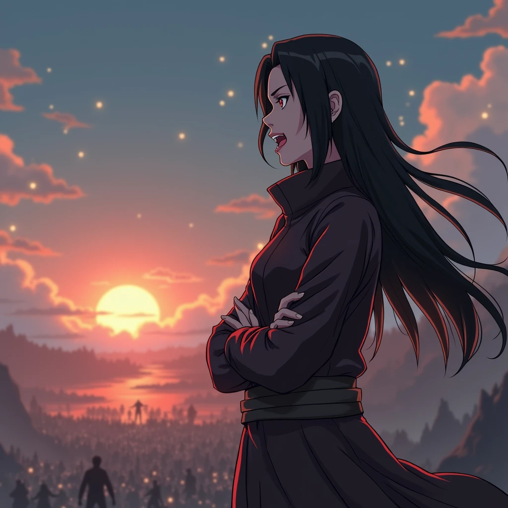 Animated picture in Naruto artstyle. On the picture there is a woman who looks like the female version of itachi uchiha. She has long hair and is dressed up like madara uchiha in 4. ninja war. She has the same amour like madara uchiha. She is also standing armes crossed and has an evil psychotic laugh on her face. She stands on top of mountain and looks down to a warzone full of enemies. She laufhts with teeth and her eyebrows dark, and is shown from the right side profile