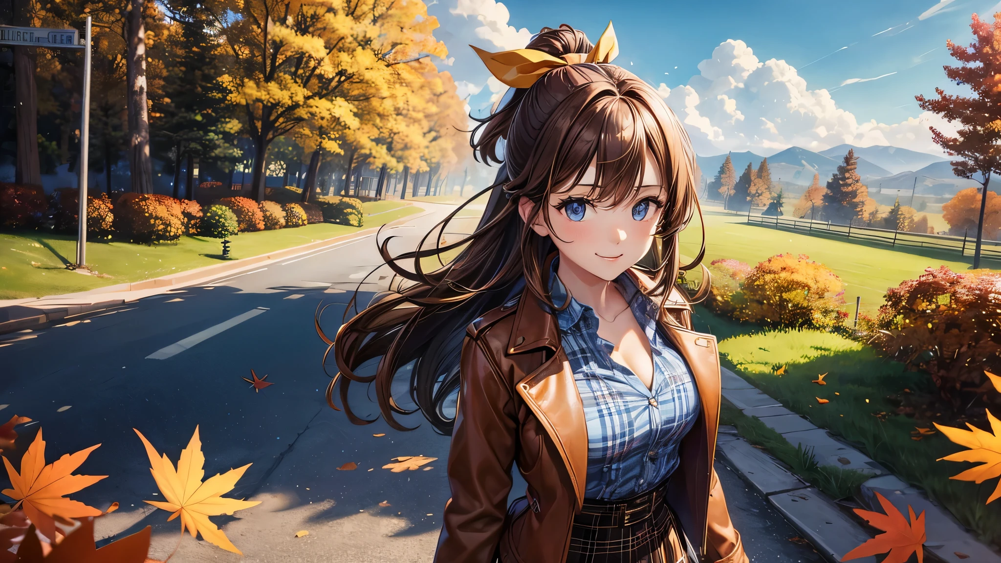 1girl, solo, trees, sun, clouds, autumn, colorful trees, falling leaves, ((brown hair)), ponytail, large full breasts, ((brown leather jacket)), button down shirt, ((blue checked shirt)), ((unbuttoned shirt)), unbuttoning buttons, cleavage 1:3, blue eyes, long skirt, brown boots, smile, happy, looking at the viewer, walking, upper view, hair ribbon, golden necklate