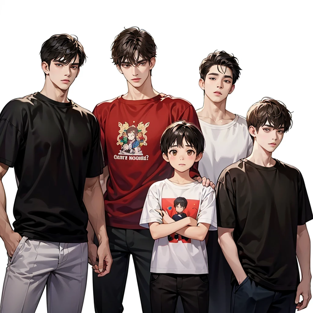 Four boys, black hair, brown eyes, simple background, high resolution, brown hair, stand in a line.., Wear a t-shirt, shut your mouth, handsome, cool,มองตรง,พื้นหลังสีน้ำตาล