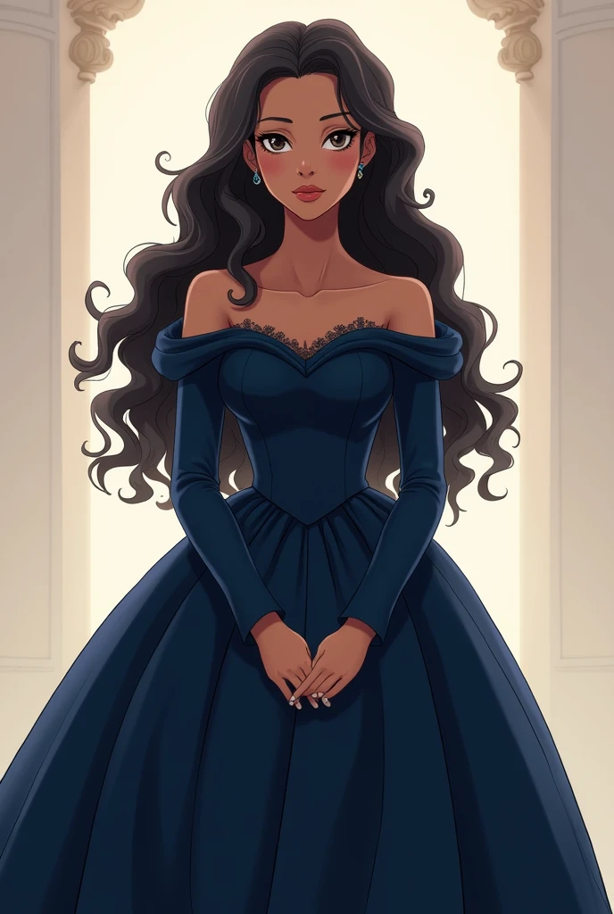 A girl with brown skin tone and curly long 
hair.Wearing full sleeve navy blue gown, 
Adult, Princess, descent and serious pose. 
Anime