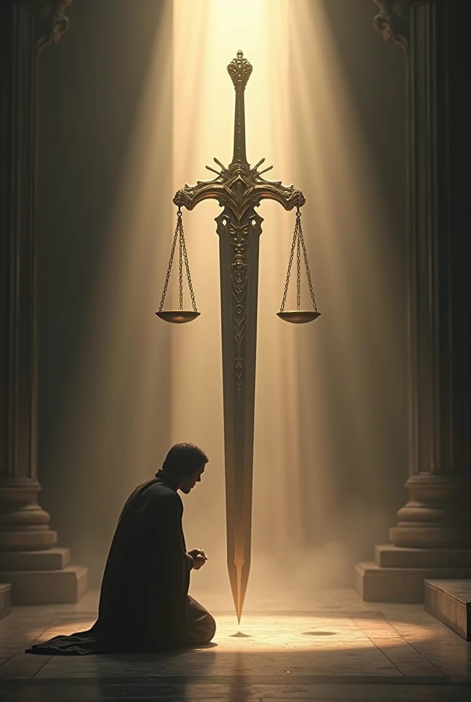 sword with the scales of justice "Kneeling before God standing before the world"