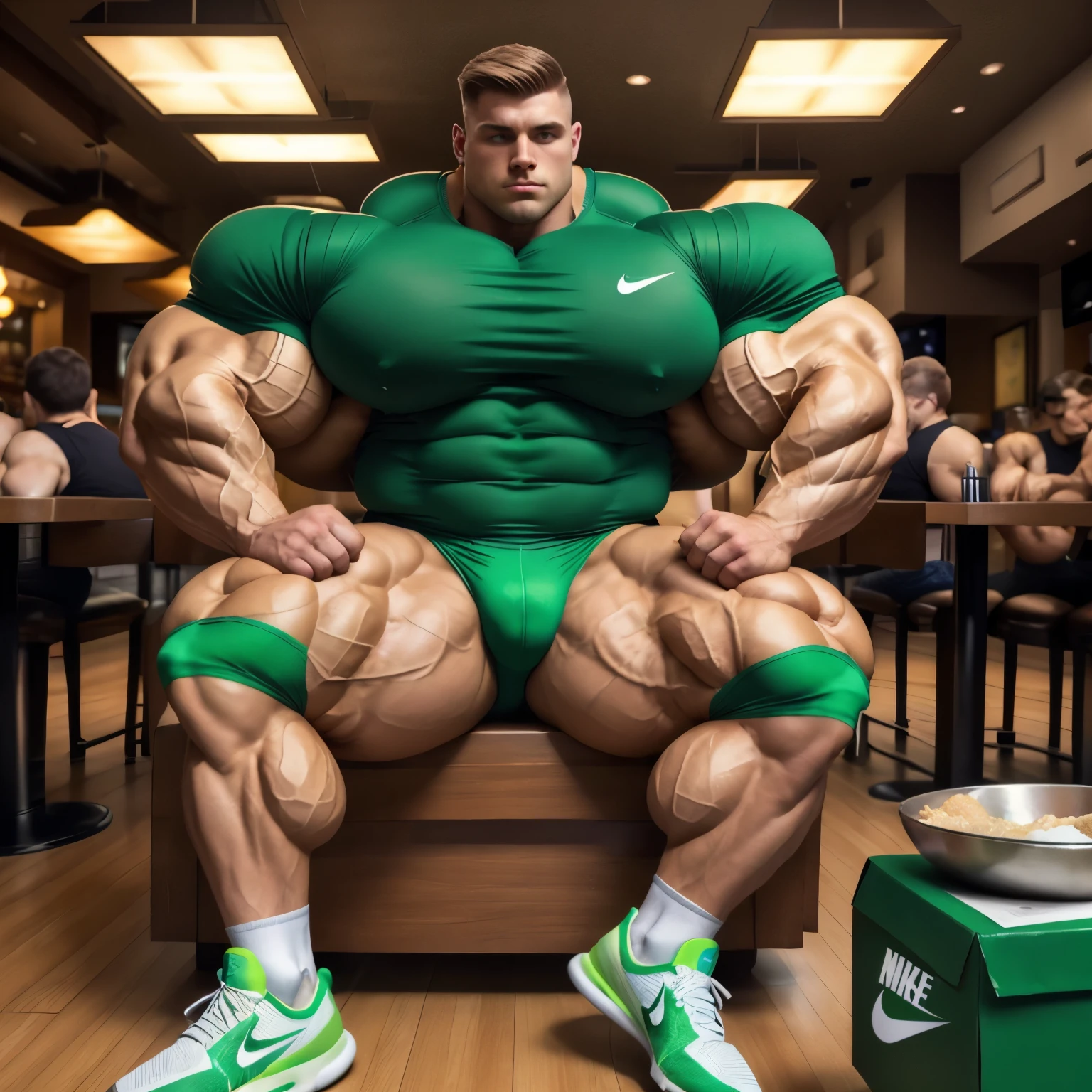 full view full body, A white 25 yo bodybuilder male with undercut light-brown haircut, eating protein powder in bowl, is wearing a tight lycra dark-green shirt and dark-green lycra shorts, green lycra socks and white Nike air max trainers, flexing his over-Muscular arms showing off over-bloated triple biceps bigger than his head .he has enormous muscles and over-bloated pecs, over-inflated shoulders and back, sitting at a table in popular restaurant, socks and shoes must be seen