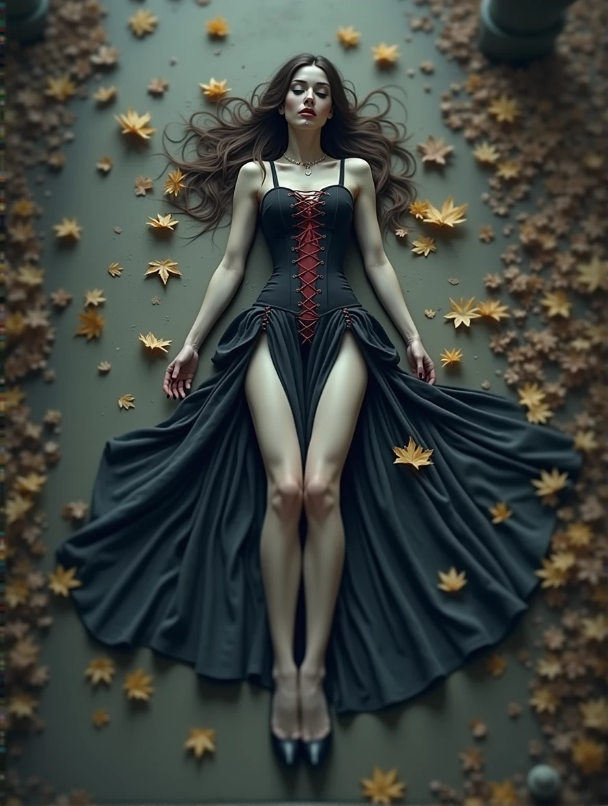 (Photorealism:1.1) woman, brunette, long hair, Long legs, Beauty, dressed in a black long dress, Gothic dress, corset with red lacing, with a long train, high Victorian collar, gray eyes color, The earth's background is strewn with autumn leaves, , Lying on the floor, dead, A trickle of blood from the corner of her mouth