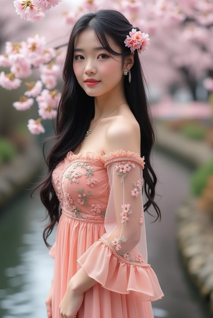  A beautiful asian and young girl.Her facial features are exquisite and fully conform to the golden ratio of human anatomy...Her long, black hair, pretty hair, hair braids,, hair decorations ,Big breasts, huge chest, fat body, thick women,  beautiful scenery,  big breasts, big breasts, big tits, busty , big breast,  big , wearing a beautiful sexy peach pink sheer floral med length sleeves dress, sexy pose , big breasts,  angle pose, big breasts,  big, whole body shot, on a beautiful bridge, 
cherry blossoms,  waterfall, beautiful scenery , beautiful shot, full body dress