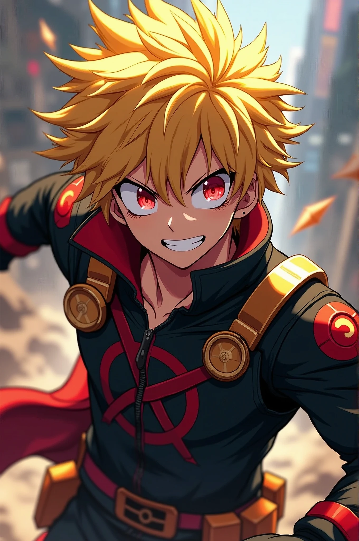 anime boy，blond，blue eyes，wearing colorful jacket, Anime inspired by Kun Chan, Hot topics on pixiv, Continuous art, Handsome guy in the art of slaying demons, key anime art, Portrait de Ninja Slayer, Demon Slayer: Rui fan art, 神奇的blond王子的肖像, [[[[smile]]]], trigger anime art style