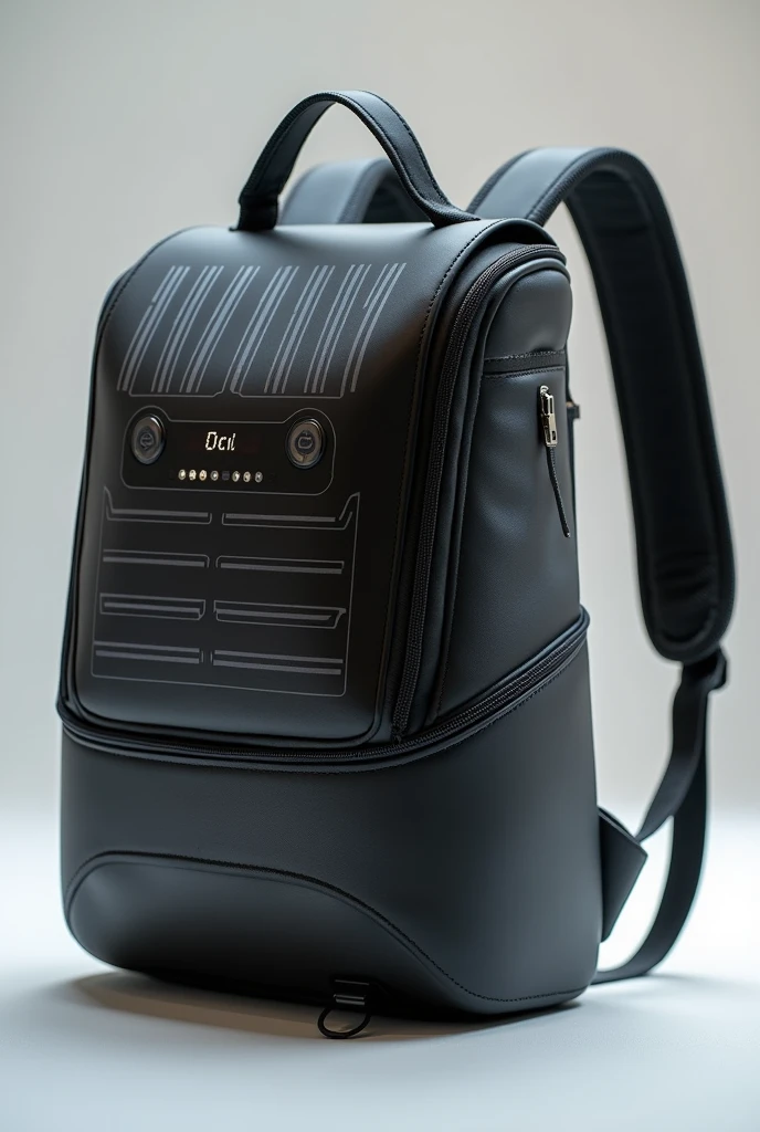 Create for me a backpack and a lunch box both with solar panels attached to them and a digital system in the lunch box to choose the temperature
