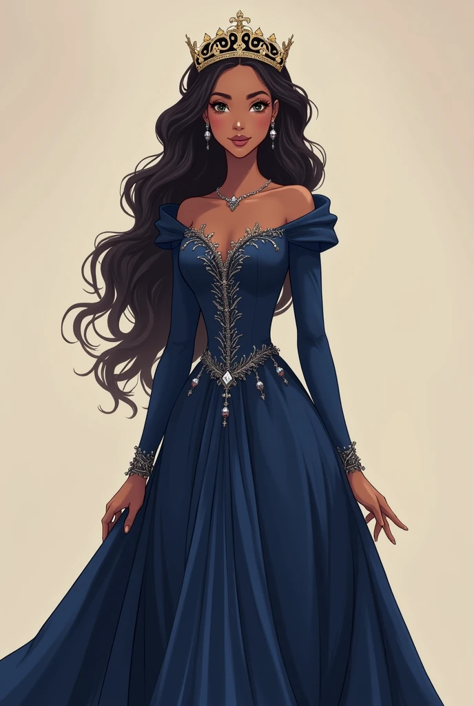 A girl with brown skin tone and curly long
hair.Wearing full sleeve navy blue gown,
Adult, Princess, descent and serious pose.
Anime.