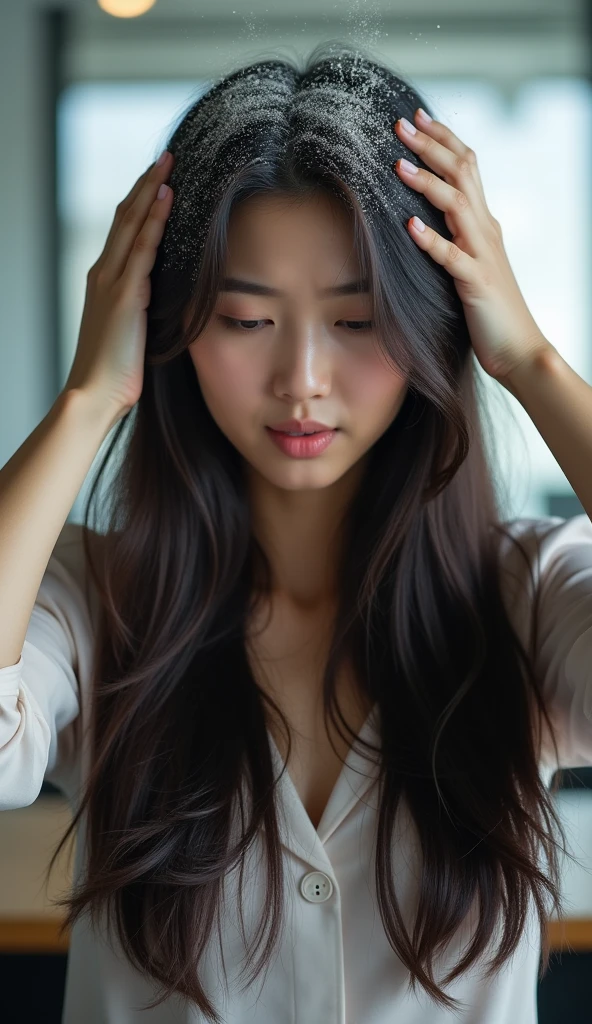 Create an Asian long-haired beauty,Wearing white business attire,Scratching the scalp with both hands,There is a lot of dandruff on the top of the head,White fine dandruff on the top of the head,The expression is unhappy,The characters are realistic and realistic,Office Background,9:16 frames,Ultra-high-definition picture quality