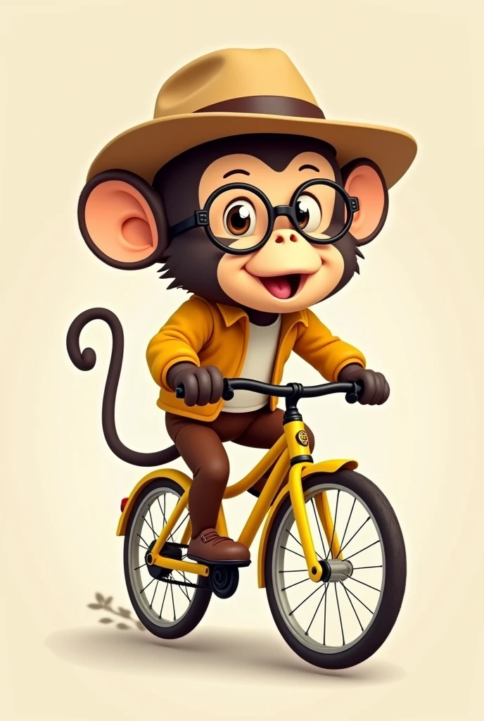 I want an illustration of a cartoon monkey riding a bike. The monkey should have a cute and friendly style, With dark brown fur. It wears a vintage style light brown hat, and large round glasses that cover a good part of its face. The monkey also wears a jacket the same shade as the hat and brown pants. The bike is bright yellow with black details, like the wheels and handlebars. The background should be simple, of a light beige or similar color, to highlight the figure of the monkey on the bike."