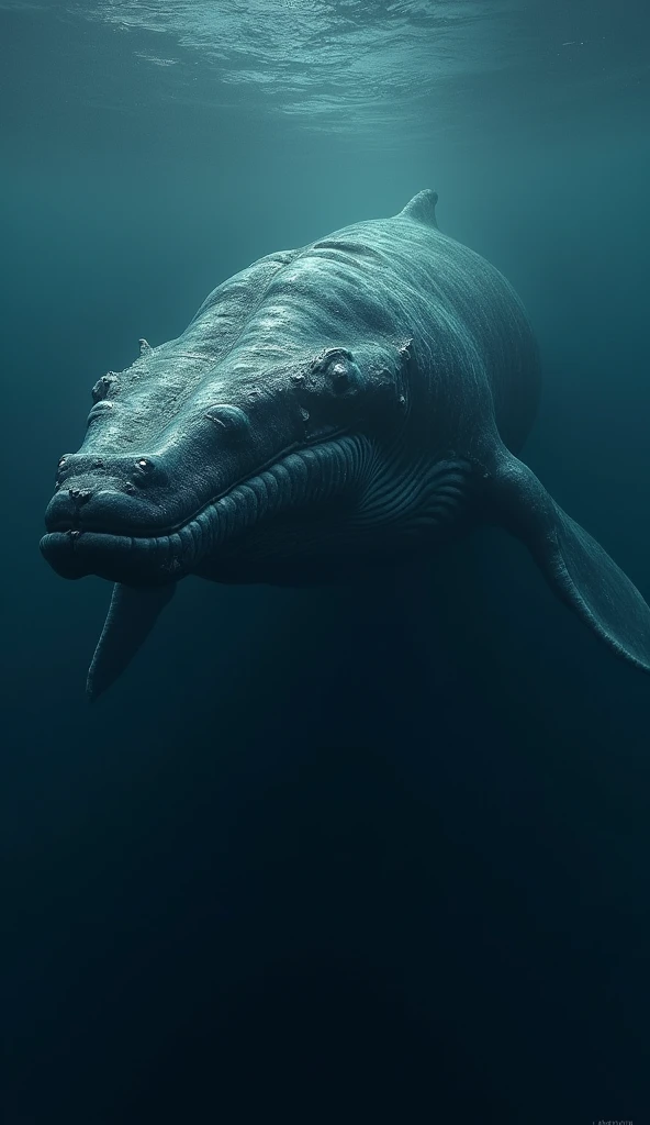 A giant whale swimming peacefully, close-up of its massive body, modern day, in the deep ocean, one eye slightly closed as the other remains open, surrounded by dark blue water, underwater shot, hyper-realistic, photo realism, cinematography --ar 9:16.