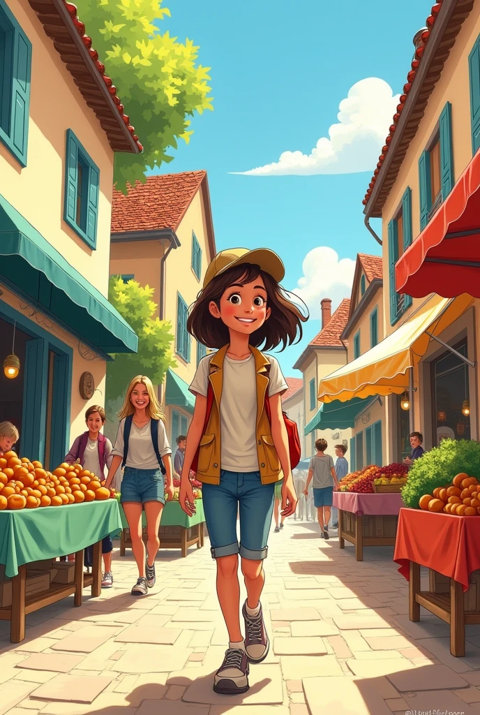 crrer la couverture d'une bande dessine, , type bande dessiné des "Martine" de casterman en 1970 de gabriel Delahaye. on voit une  de 8 ans faire le marché. 
Le titre de la couverture  est " Emilie fait son marché à Entre-Deux-Guiers " l'écrire.  " Le Vendredi" 