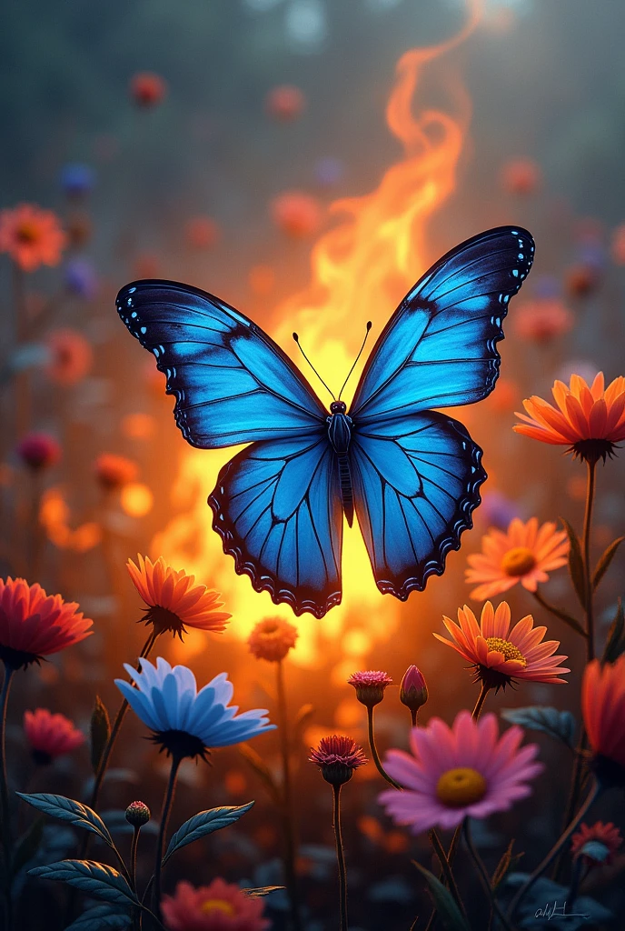 Blue butterfly in the middle of the fire,almost complaining,on margaritas (flores) Around her