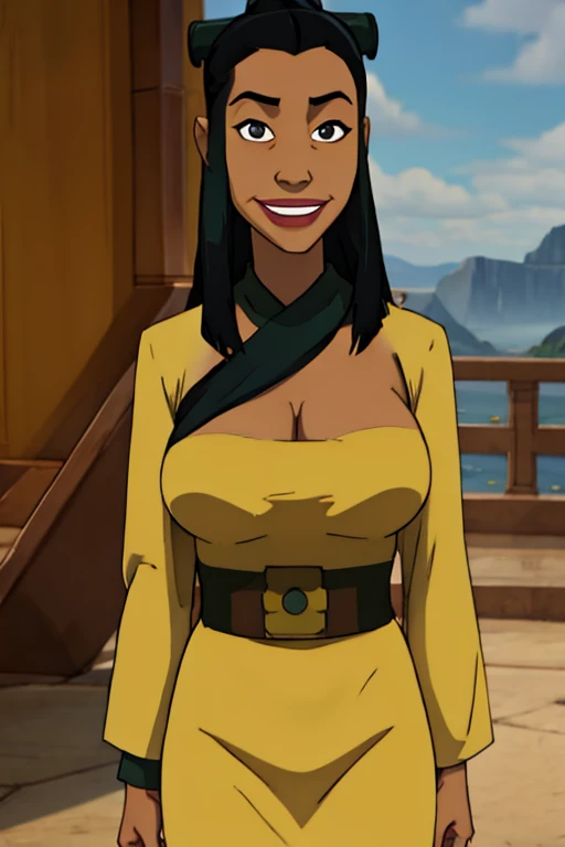 Katara from avatar the last Airbender hypnotized and dressed up as Joo Dee with large breasts and smiling