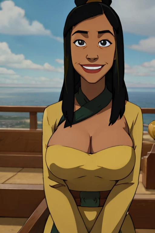 Katara from avatar the last Airbender hypnotized and dressed up as Joo Dee with large breasts and smiling