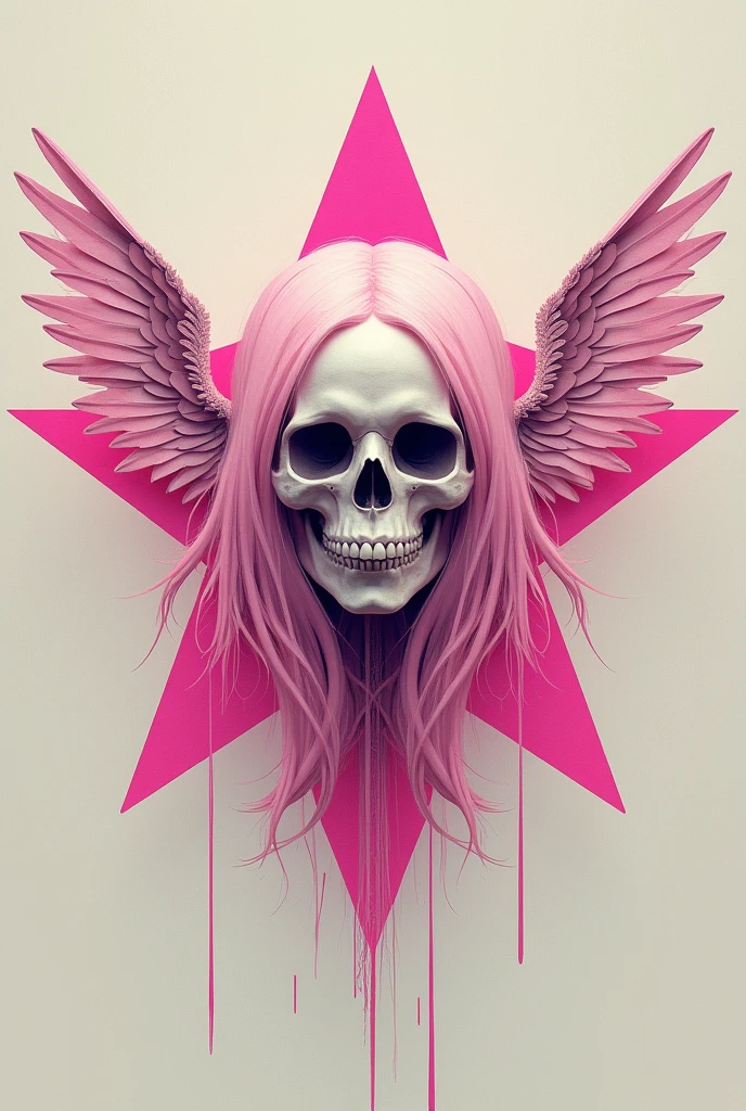 A flag with a pink star, with a light pink haired skull is a wing