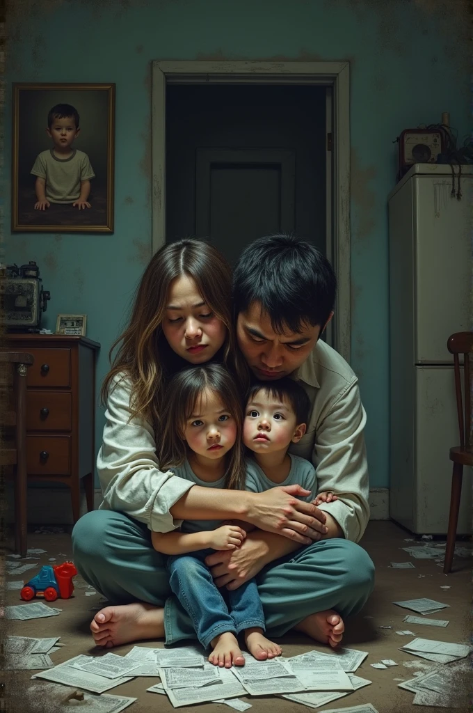 Create two scenarios in one image. First scene, of a male repeating a pattern learned from his father that generates violence to his mother. Second scene, of a daughter repeating the submissive pattern learned from her mother. Father and mother are a couple. Children repeat patterns.