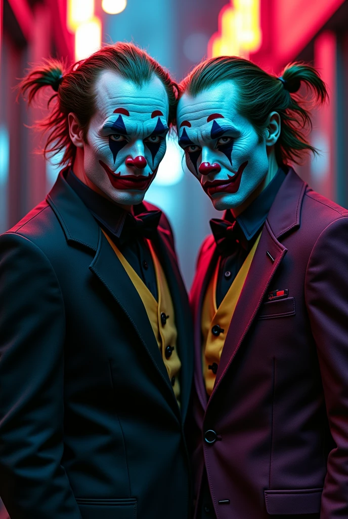 Two bad cruel sexy clown men,cyberpunk,detailed face, beautiful eyes and lips, intricate makeup, neon lights, android, futuristic city, dark alley, high contrast lighting, cinematic angle, rich colors, dramatic pose, (best quality,4k,8k,highres,masterpiece:1.2),ultra-detailed,(realistic,photorealistic,photo-realistic:1.37)