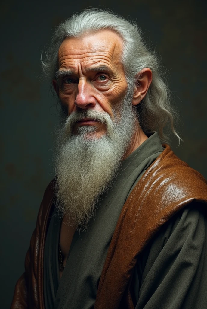 An old wise man with a mysterious and charming appearance. He has a long, well-kept beard, his face is marked by wrinkles that tell stories of a long life full of wisdom. His eyes are clear, as if they held the secrets of the universe, radiating a deep serenity and knowledge. He wears a simple robe, yet elegant, that reinforces his aura of mystery and beauty.