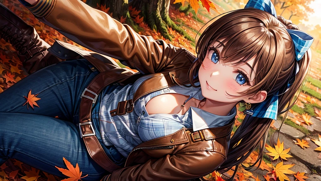 1girl, solo, trees, sun, clouds, autumn, colorful trees, falling leaves, ((brown hair)), ponytail, large breasts, ((brown leather jacket)), button down shirt, ((blue checked shirt)), ((unbuttoned shirt)), unbuttoning buttons, cleavage 1:3, blue eyes, long skirt, brown boots, smile, happy, looking at the viewer, walking, upper view, hair ribbon, golden necklate