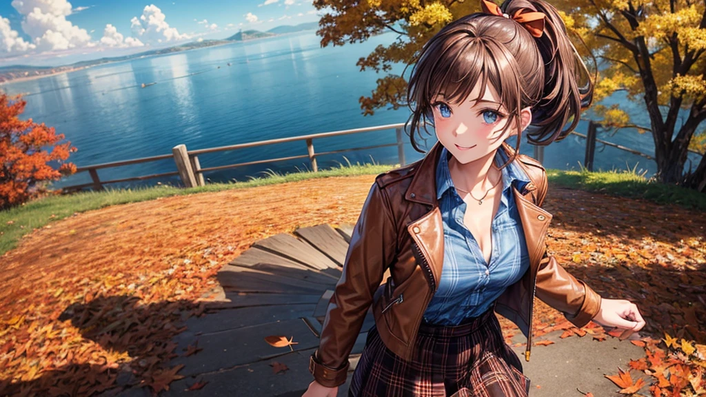 1girl, solo, trees, sun, clouds, autumn, colorful trees, falling leaves, ((brown hair)), ponytail, large breasts, ((brown leather jacket)), button down shirt, ((blue checked shirt)), ((unbuttoned shirt)), unbuttoning buttons, cleavage 1:3, blue eyes, long skirt, brown boots, smile, happy, looking at the viewer, walking, upper view, hair ribbon, golden necklate