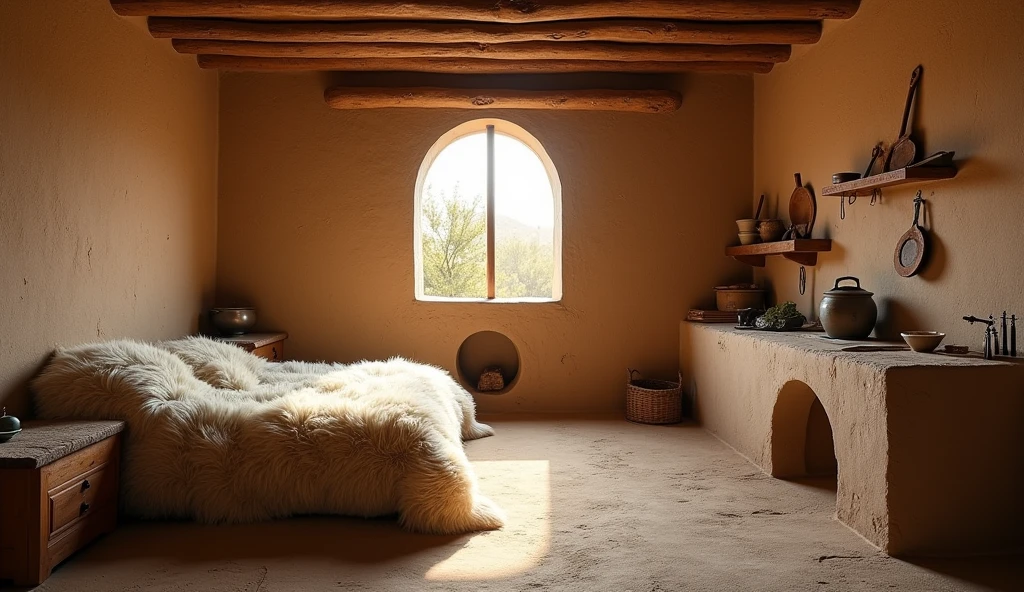 a backdrop for a stage set, it's inside an adobe house, on the right is the stone kitchen, pot and utensils and on the left in the same room is the bed with thick sheepskin blankets and above a window,without appliances, that the mud walls can be seen, with nothing on the wall
