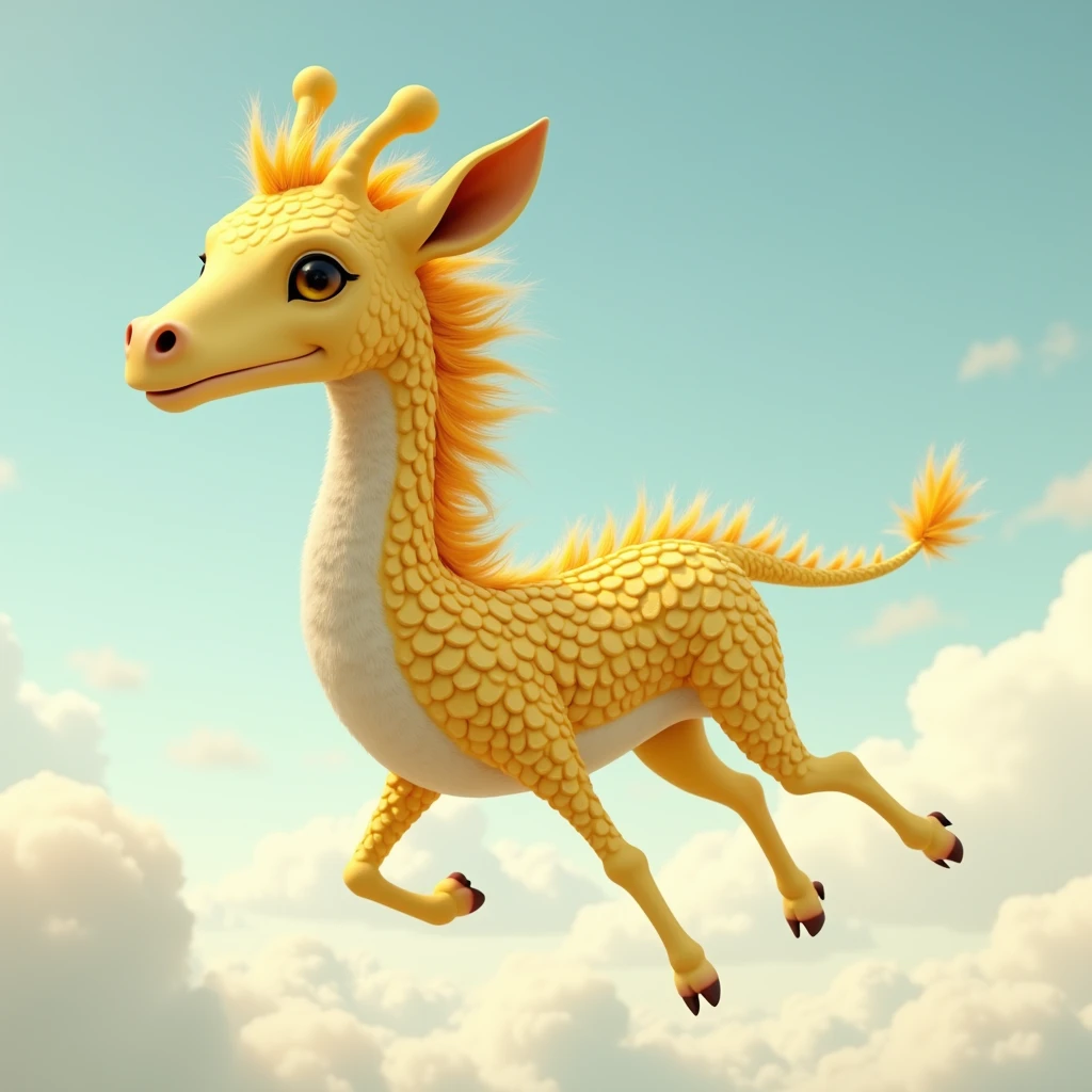 Short-necked giraffe、Has scales on its body、Has a mane、Floating in the sky、The body is yellow.、The torso is extremely long.