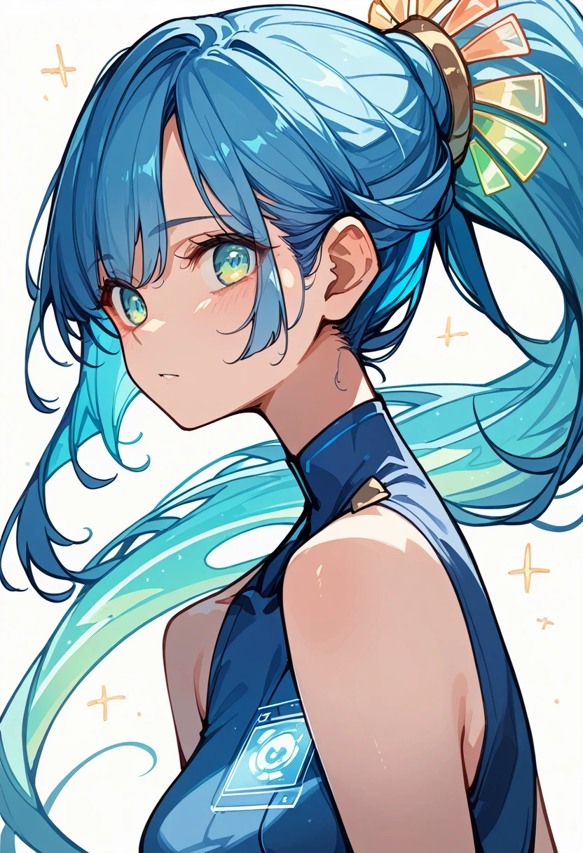 ((Holographic glow effect))、Look Up、Blue Hair、Masterpiece、Best Quality、1 person、Medium breast、((Album cover))、Light on Face、Slim Body、Blue dress、ponytail