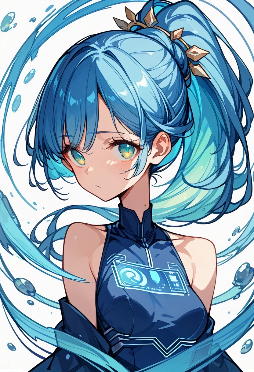 ((Holographic glow effect))、Look Up、Blue Hair、Masterpiece、Best Quality、1 person、Medium breast、((Album cover))、Light on Face、Slim Body、Blue dress、ponytail