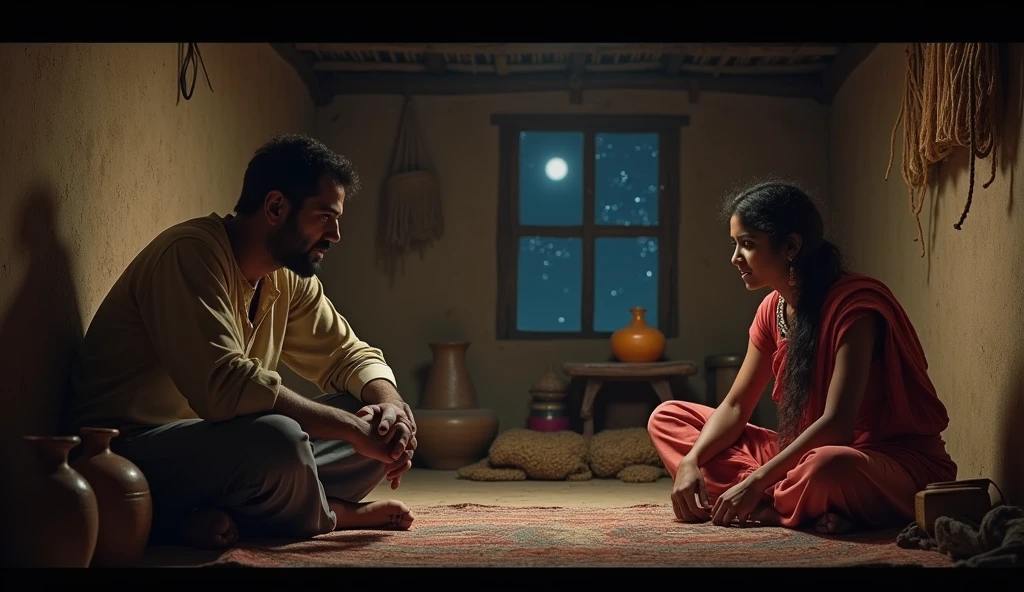 Kishan ( a young man ) and Suman at Home: Inside a modest, dimly lit village home with mud walls and a thatched roof, Kishan is sitting with his sister, Suman. He is visibly frustrated, his brows furrowed as he talks to her, while Suman listens quietly with a concerned expression. The simple household items like clay pots, a charpoy (woven bed), and a small shrine with an oil lamp add to the rustic atmosphere. A window in the background shows the night sky outside, with the faint glow of the moonlight filtering in.