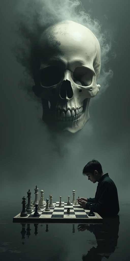 Chess board during a game with a person in front of It and plaing against himself in a mirror in the lower part.
A single Black and White skull smiling in the upper part fading away in a smoke