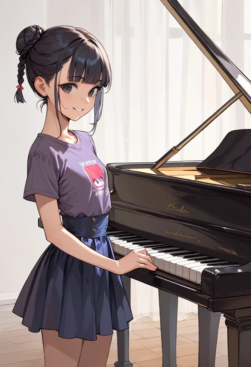 (score_8, score_8_up,masterpiece,highest quality,Perfect Anatomy,Exquisite detailed)(realistic:1.1)Skinny girl,small breasts(sagging breasts:0.3)black hair,black eyes,low blunt bangs,side bangs,braided bun,violet high-waist skirt,crimson t-shirts,smile,piano,Dance studio