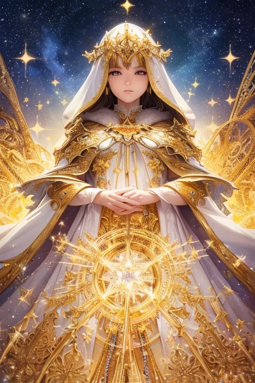 (masterpiece, Highest quality, Highest quality, Official Art, Beauty and aesthetics: 1.2), (1 person), Extremely detailed, (Fractal Art: 1.3), colorful, Supreme detail, Perfect Face, Upper Body, High resolution, prayer, (White cloak, golden lines: 1.2), Starry Sky, shooting star, Light stripes, Surrealism.