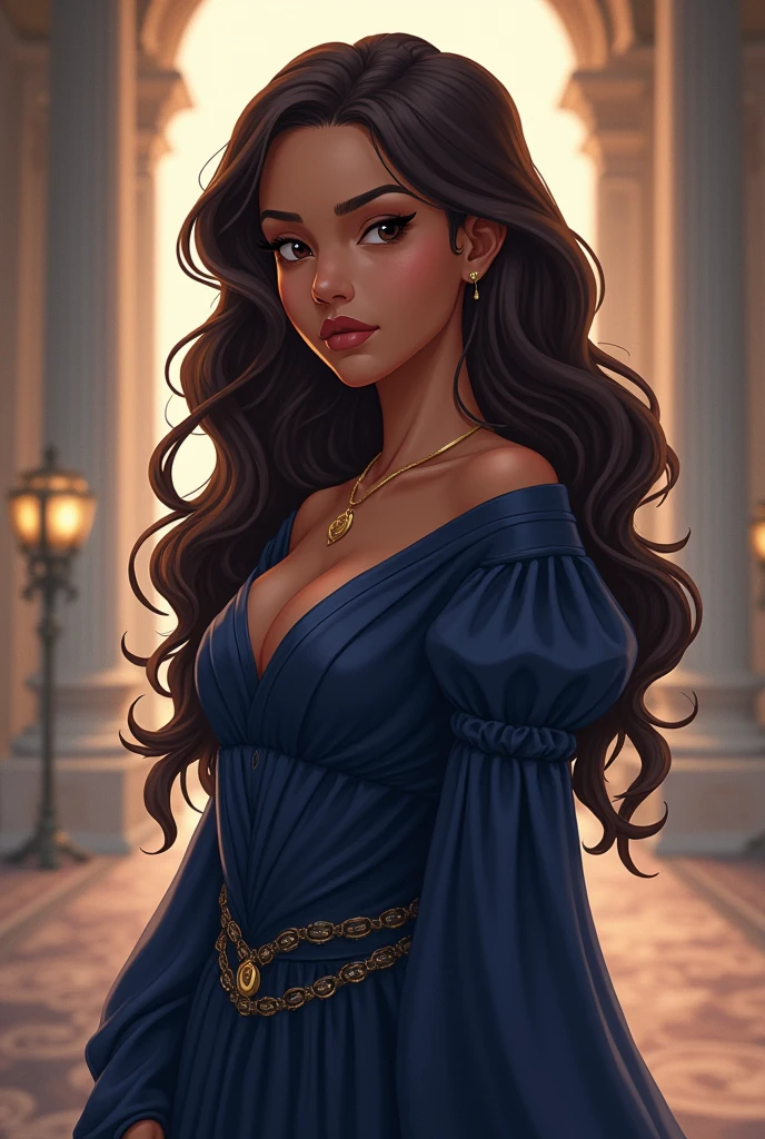 A girl with brown skin tone and curly long
hair.Wearing full sleeve navy blue gown,
Adult, Princess, descent and serious pose,
Anime.