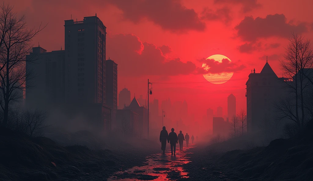 Dark images of a world in ruins, devastated nature, cloudy skies with reddish tones, sirens playing in the background.