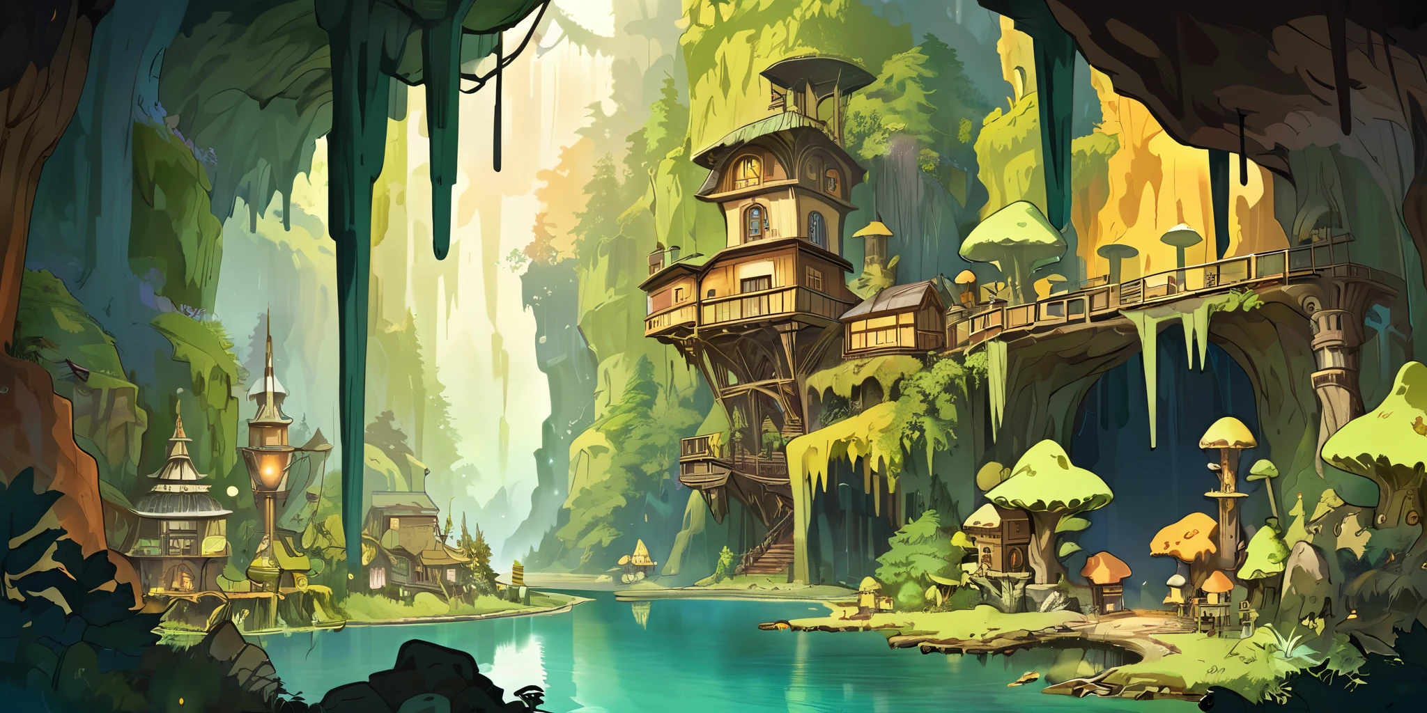 Draw a lofi anime poster, village, steam punk, cave, fairy decoration, cascade, Light, moss forest, stalactites, stalagmites, beautiful palette of brown and yellow colors, couleurs saturées vibrantes, Artwork, Aucun humain, Anime Theme