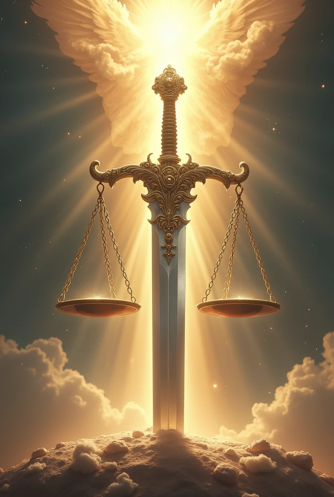 sword with the scales of justice "Kneeling before God standing before the world" On the balance scale, place truth on the left and justice on the right.