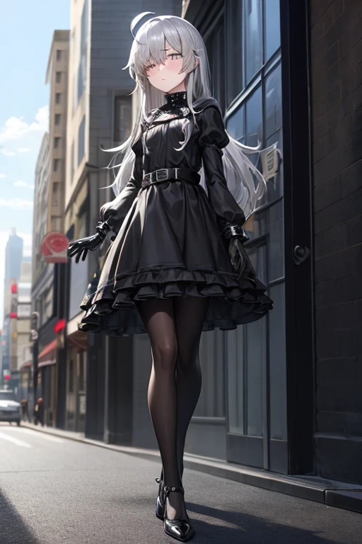((best quality)), ((masterpiece)), (detailed), 1 girl, full body, 18 years old, depressed face, pretty face, mask, silver eyes, blushing, silver hair, long hair, spiky hair, ahoge, bangs, strand of hair covering her right eye, full body, very tall, very small breasts, flat chest, thin body, gray hood, gray wristbands, long black gloves with spikes, gray outfit, gray dress, puffy sleeve, blades on the steering wheel, metal emblem, leather belt, pale skin, black pantyhose, black shoes, walking in the city, looking at me, city background, anime
