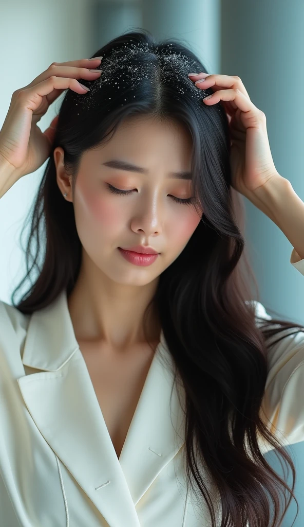 Create an Asian long-haired beauty,Wearing white business attire,Scratching the scalp with both hands,There is a lot of dandruff on the top of the head,White fine dandruff on the top of the head,The expression is unhappy,The characters are realistic and realistic,Office Background,9:16 frames,Ultra-high-definition picture quality
