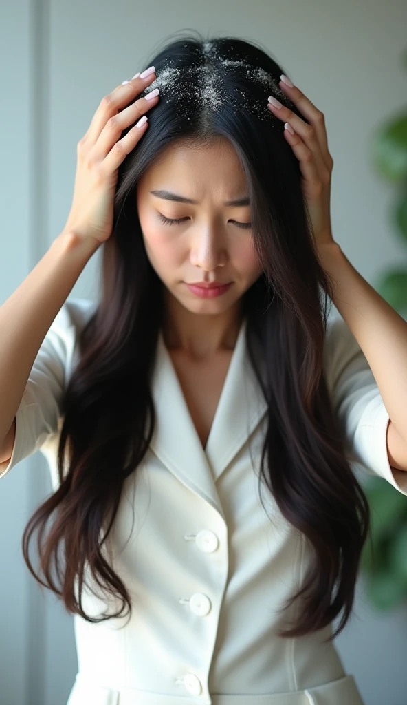 Create an Asian long-haired beauty，Wearing white business attire，Scratching the scalp with both hands，There is a lot of dandruff on the top of the head，White fine dandruff on the top of the head，The expression is unhappy，The characters are realistic and realistic，Office Background，9:16 frames，Ultra-high-definition picture quality