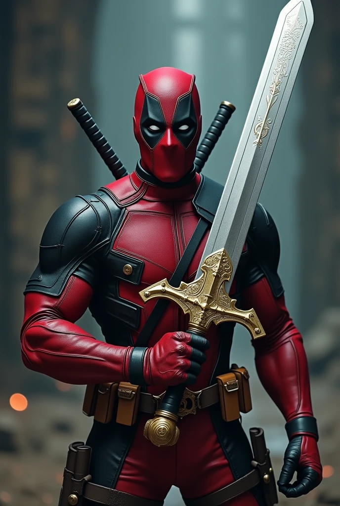 Create an image of Deadpool holding the Excalibur.