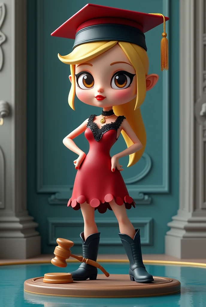 Set against a reflective sapphire liquid with hints of of gold is an adorable 3D render of a slender little chibi-style cowgirl wearing a sapphire graduation cap and sapphire cowboy boots with one hand on her hip, wearing a deep red satin dress with black lace detailing, on The other hand ajudge gavel . She has striking light brown eyes and is adorned with red lipstick, Blonde hair. The woman is positioned against a backdrop of ornate gray walls with intricate moldings. She wears a choker necklace with a pendant and has a confident, alluring expression.