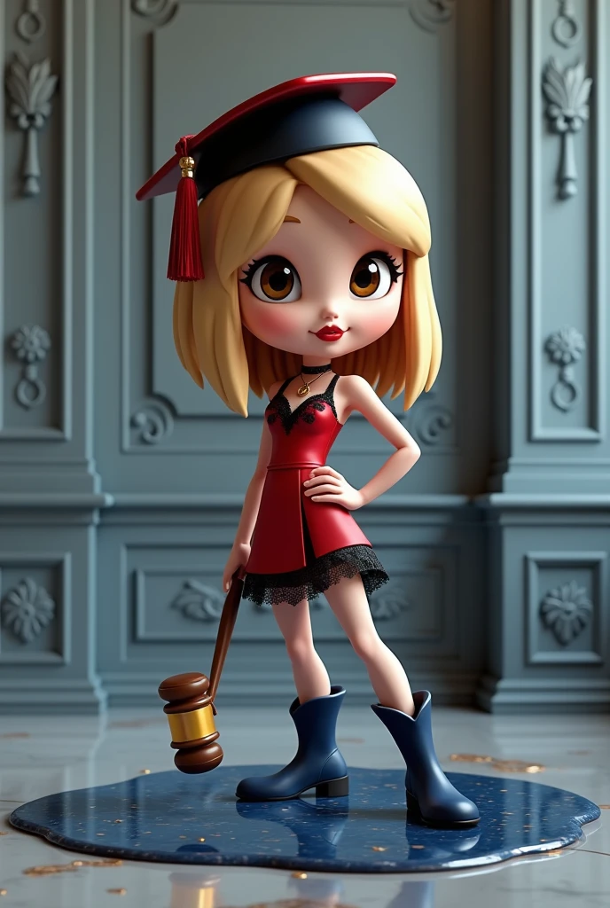 Set against a reflective sapphire liquid with hints of of gold is an adorable 3D render of a slender little chibi-style cowgirl wearing a sapphire graduation cap and sapphire cowboy boots with one hand on her hip, wearing a deep red satin dress with black lace detailing, on The other hand ajudge gavel . She has striking light brown eyes and is adorned with red lipstick, Blonde hair. The woman is positioned against a backdrop of ornate gray walls with intricate moldings. She wears a choker necklace with a pendant and has a confident, alluring expression.