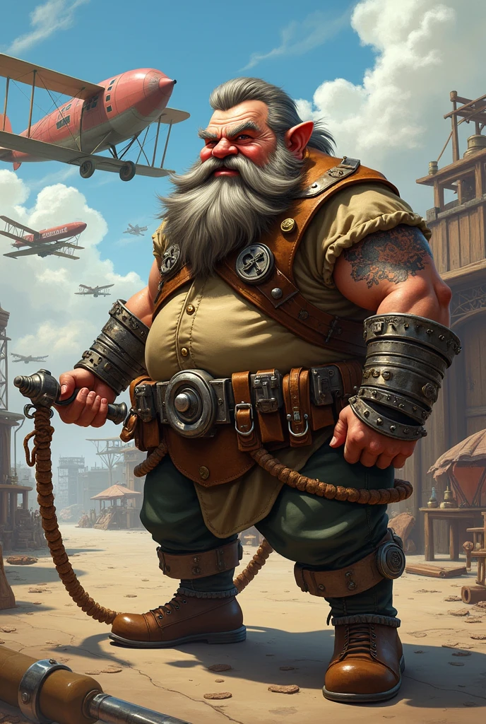 Create a mechanical dwarf plane mechanic with a whip in his hand