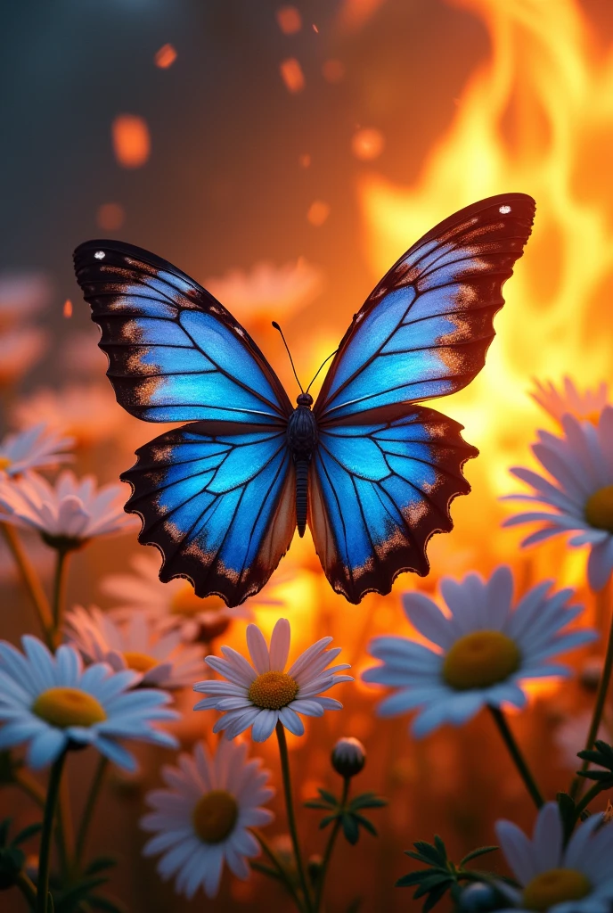 Blue butterfly in the middle of the fire,almost burning,with white daisies (flores) Around her