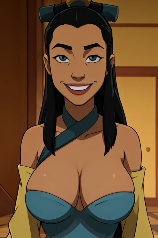 Katara from avatar the last Airbender hypnotized and dressed up as Joo Dee with large breasts and smiling