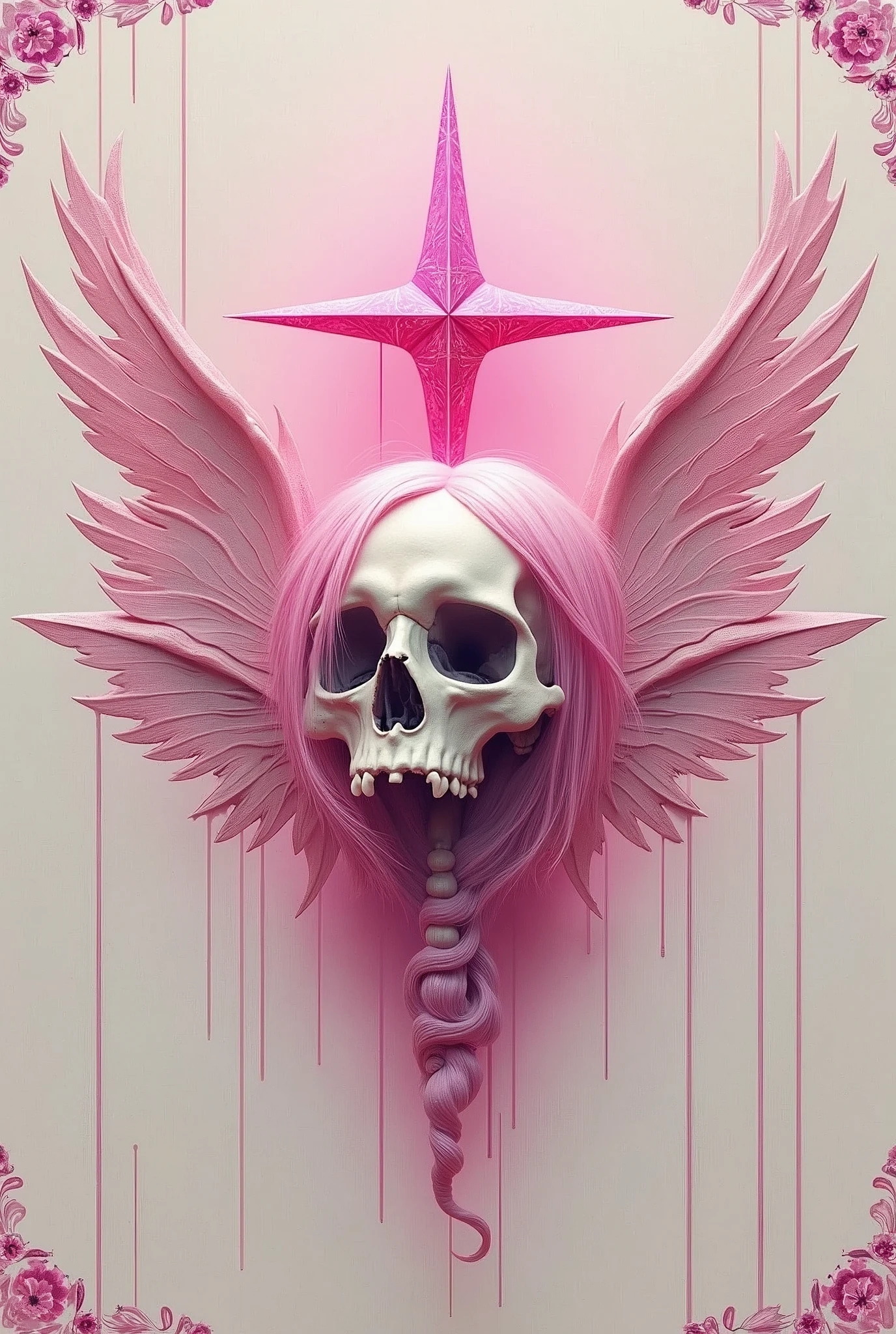 A flag with a pink star, with a light pink haired skull is a wing