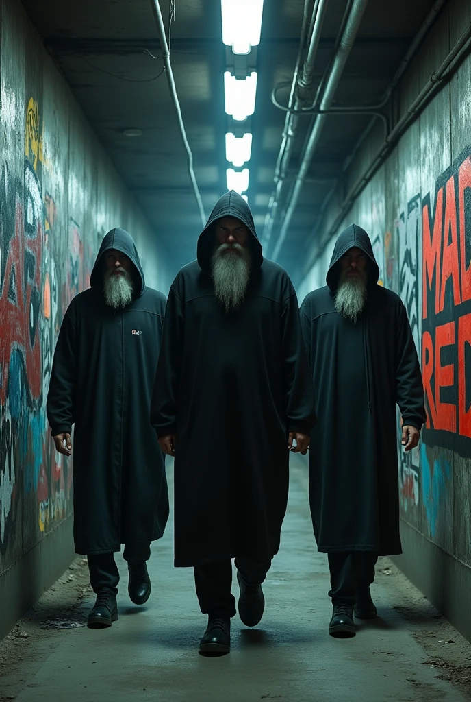 Dark underground subway with graffiti and 3 men walking with their faces not visible, the 3 men are white with beards but wear hoods, on the walls it says MAD RED in Graffiti, one of the men is fat, He weighs 160 kilograms, the other two are thin
