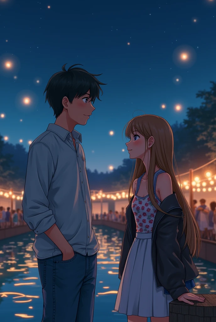 Background of a lake with floating lights in the sky while it's night. A light brown-haired girl with long hair, amber eyes, and a slight pink hue on his cheeks. With a white skirt above her knees, and a sleeveless, short floral shirt, with a leather jacket on top, but let it be big. a black haired boy, Blue-eyed, and some light freckles on his face, with a white shirt and jeans that aren't too tight. The girl is smiling with her head raised towards the sky while resting her elbows on a Serca . While the boy silently watches her.. She is distracted and doesn't realize that he is looking at her with a twinkle in his eye. There are many people around them.
The boy is taller than the girl.